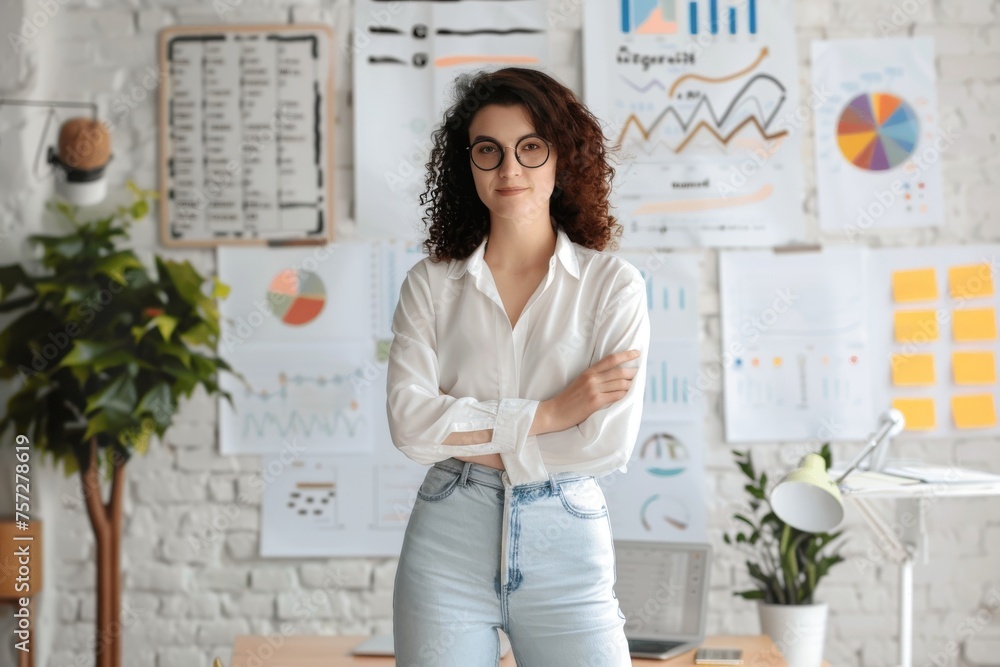 Female graphic design standing on marketing office Female graphic design standing on marketing office
