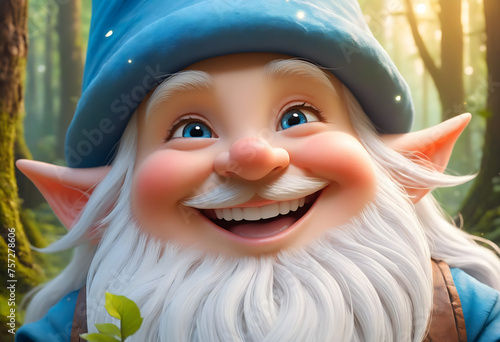 Close-up of a smiling gnome in a forest photo