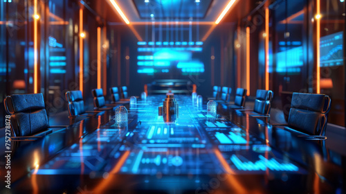 An empty conference room lit by neon lights, featuring advanced holographic display technology on the table.