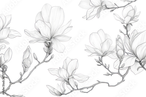 Magnolia flowers drawing with line-art on white backgrounds.