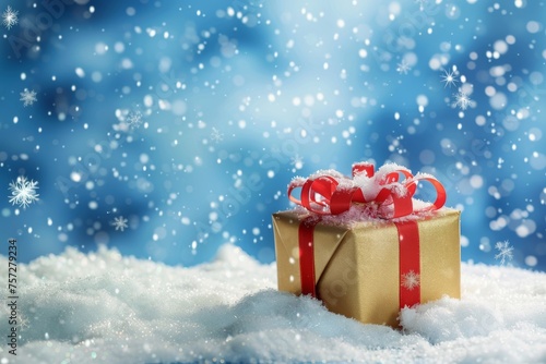 Festive Christmas snow background with copy space. Golden gift box with red ribbon, snowflake and serpentine on snow on evening blue sky background with falling snow flakes. © Straxer
