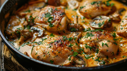 Stew chicken in a creamy sauce with mushrooms