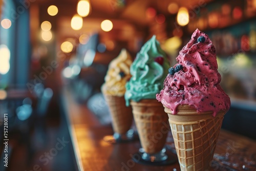 Close up delicious vegetarian multi-colored ice cream on a blurred cafe background. Healthy sweet food concept.	
 photo