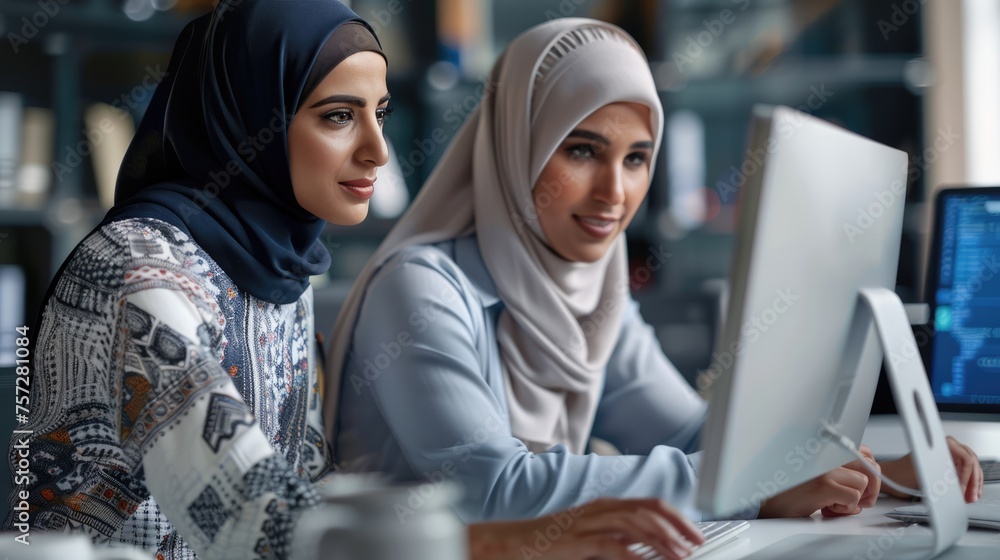 Young Arabian woman in hijab with colleague looking at computer. Focused team leader training millennial female intern. Young Arabian woman in hijab with colleague looking at computer. Focused team leader training millennial female intern.