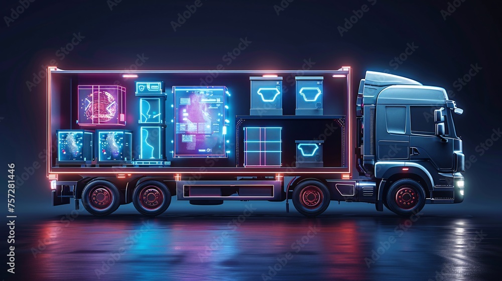 a delivery truck with various hologram boxes. style technology modern, minimalist and simple