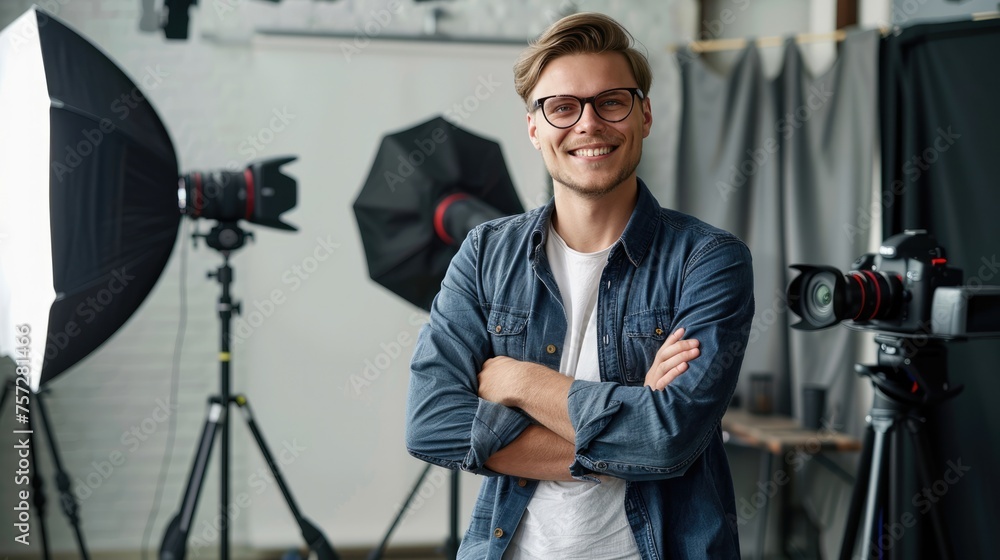 Happy young photographer standing in front of studio. Happy young photographer standing in front of studio.