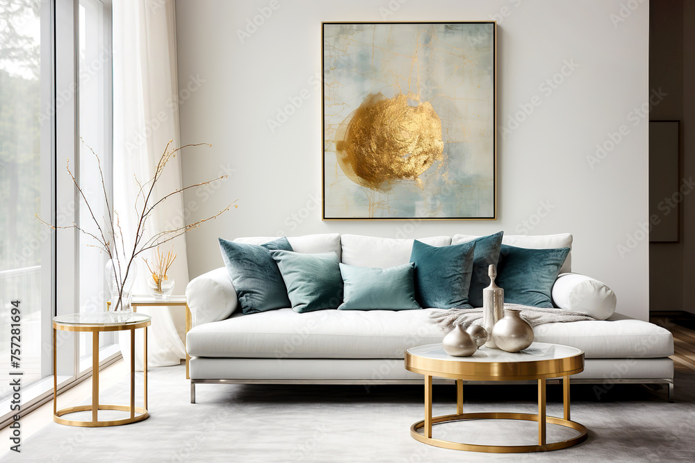 Art deco interior design of modern living room, home. Golden round ...