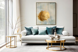 Art deco interior design of modern living room, home. Golden round coffee table near white sofa with teal pillows against wall with poster.