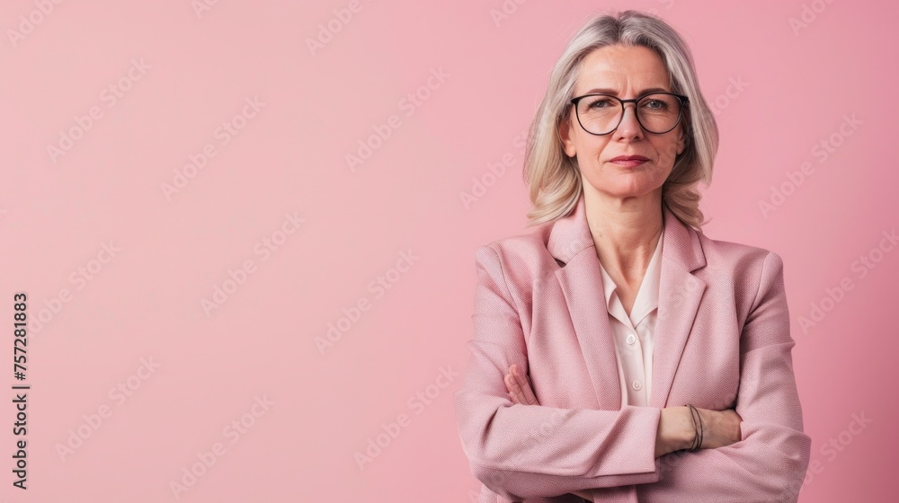 senior woman in executive suit on pink background senior woman in executive suit on pink background