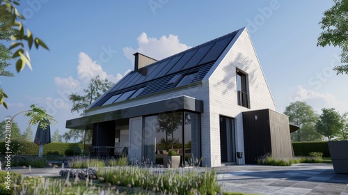 The sky is blue, The scene is clean and bright large house with solar panels on it © sambath