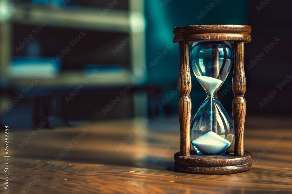 hourglass on wooden table - obrazy, fototapety, plakaty 