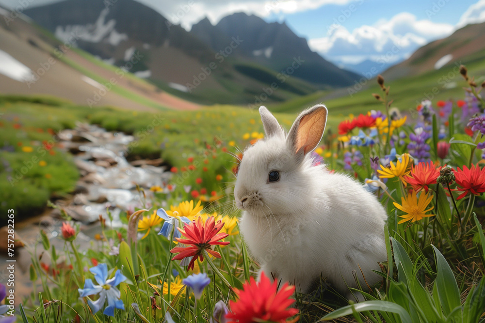 Springtime Serenity: White Baby Rabbit Amidst Blooming Meadow in the Mountains. Generative ai - obrazy, fototapety, plakaty 