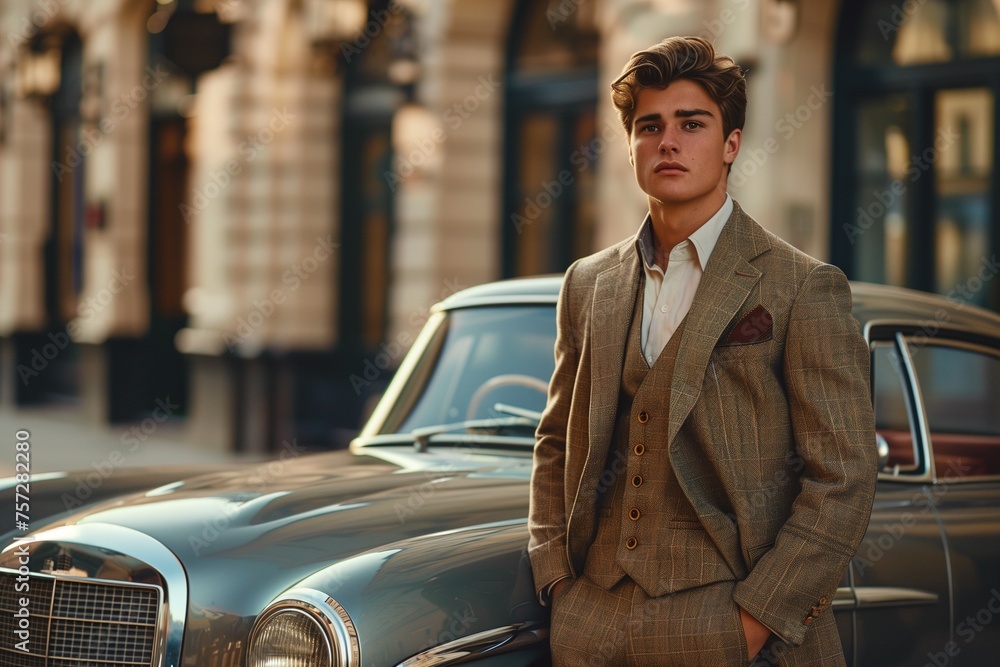 Epitome of Old Money: Classic Car and Gentleman by Grand Estate. Perfect for illustrating luxury brands, the enduring allure of vintage cars, or the legacy of old-world wealth. Generative ai