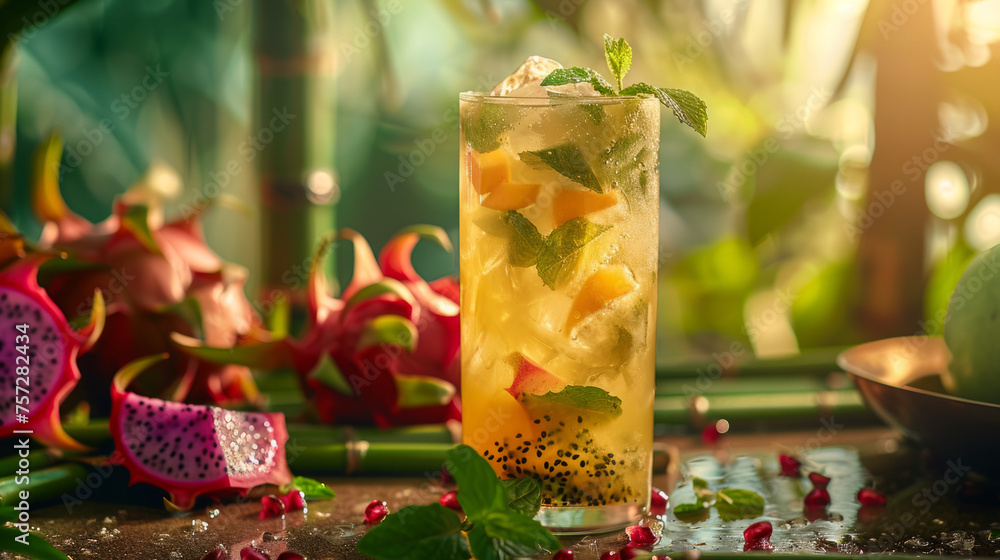 An enticing glass of exotic fruit cocktail with dragon fruit and mint, set in a lush and colorful environment