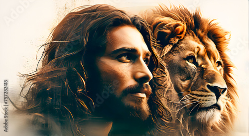 Lion of Judah and Jesus face side by side against white background. In the style of double exposure photography. 