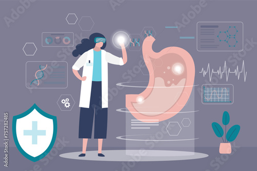 Woman doctor examination of stomach for diseases in virtual reality. Gastroenterologist or medical worker researching gastric tract with digital glasses.