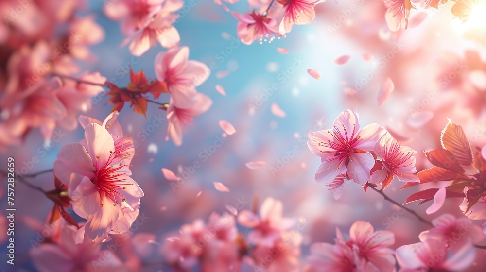 Spring Bliss: Cherry Blossoms and Butterflies on Blue Sky Background. Generative ai