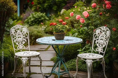 Cozy patio with vintage table and chairs in the green summer garden
 photo