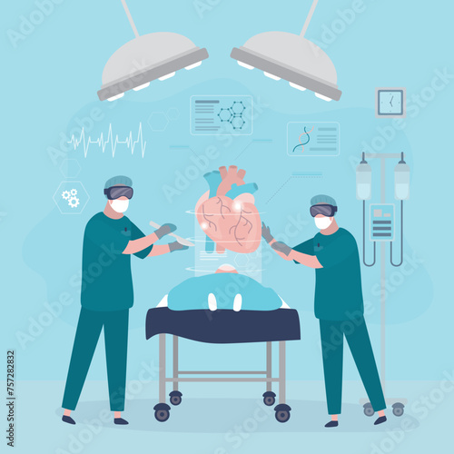 Team of surgeons uses VR headsets. Doctor doing surgical operation of circulatory system with help of virtual reality. Cardiologist or medical worker operating heart with digital glasses.