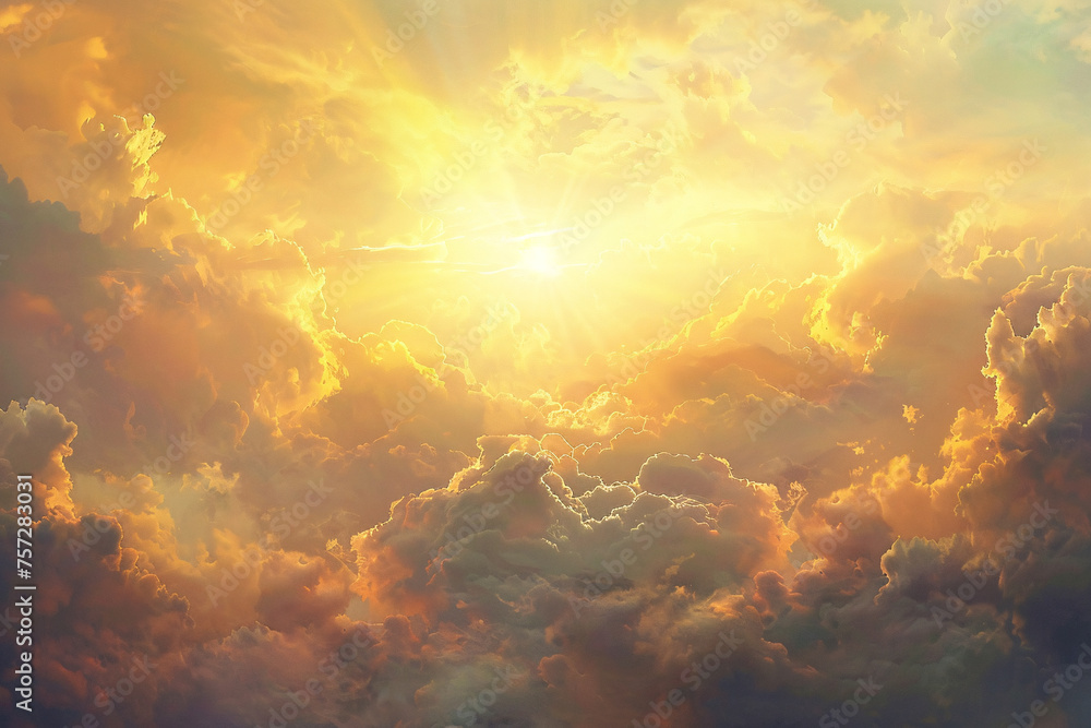 Peaceful dawn where Gods light emerges through soft golden clouds, providing a serene backdrop for hope, faith, and spiritual belief Peaceful dawn where Gods light emerges through soft golden clouds, providing a serene backdrop for hope, faith, and spiritual belief