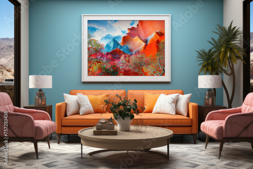 Mockup of a living room, colorful, bright, with a large picture frame.