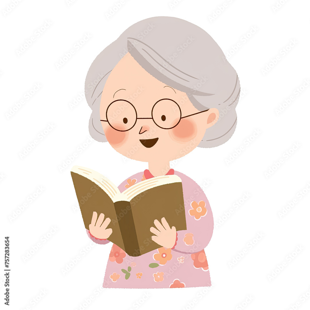 an illustration of grandma reading a book, round sunglasses, pink clothes with flowers an illustration of grandma reading a book, round sunglasses, pink clothes with flowers