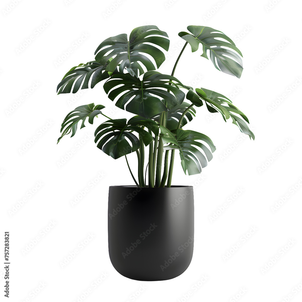 Tropical house monstera plant in modern pot or vase side view isolated on transparent background Tropical house monstera plant in modern pot or vase side view isolated on transparent background