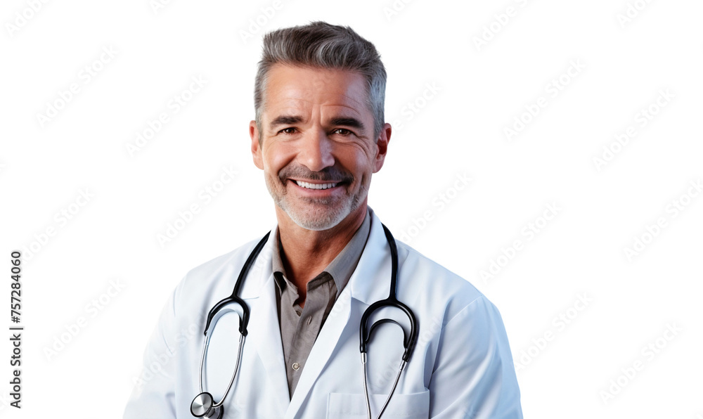 Portrait of a smiling senior male doctor with stethoscope, isolated on transparent background Portrait of a smiling senior male doctor with stethoscope, isolated on transparent background