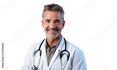 Portrait of a smiling senior male doctor with stethoscope, isolated on transparent background