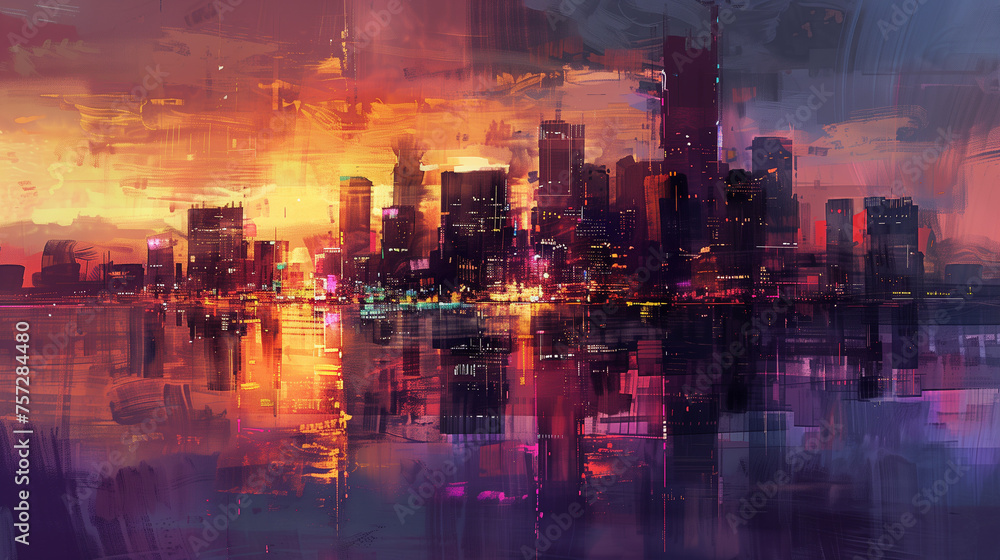 Cityscape at dusk depicted in Abstract Art style, ai generative