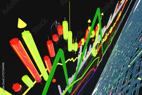 Price movement chart with indicators and volumes. The trader analyzes the price movement on a huge trading chart. A businessman-investor observes an increase in the price of an asset.