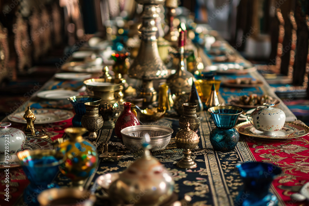 Visualize a banquet table set with different religious artifacts ...