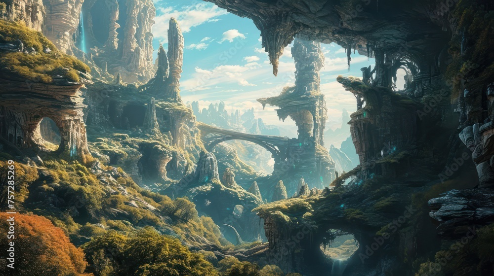 surreal landscape filled with mystical elements, unusual formations, and a dreamy atmosphere that transports viewers to an alternate reality - obrazy, fototapety, plakaty 