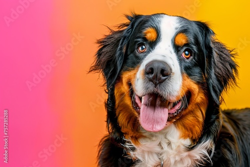 Funny Bernese mountain dog on color background photo