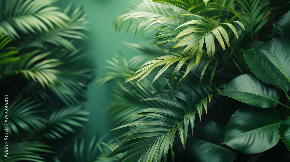 Tropical Greenery Left-aligned on Green Canvas
