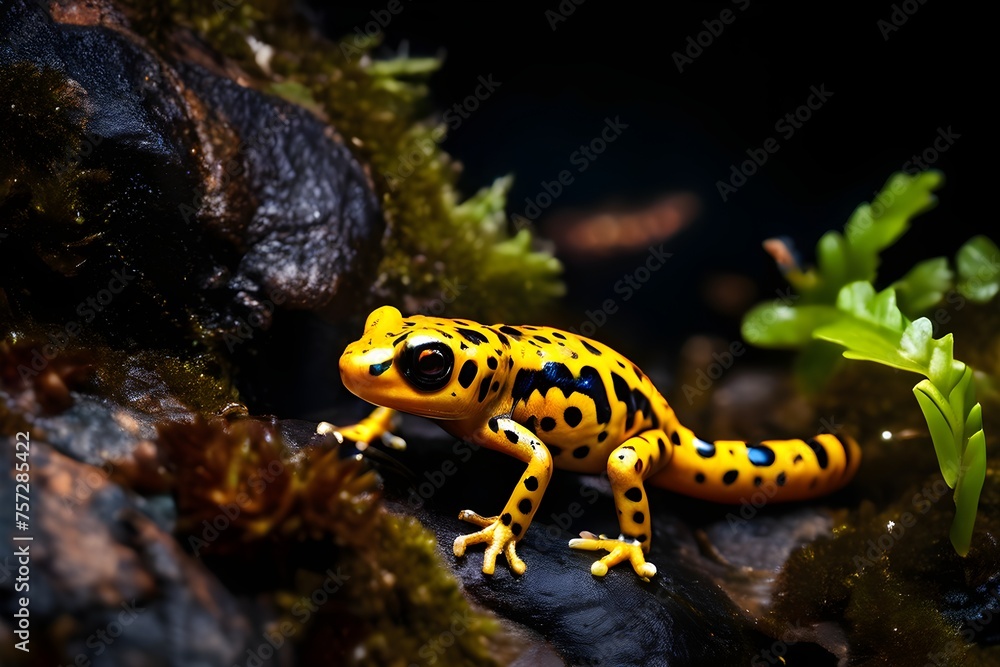Fototapeta premium fire salamander vibrant yellow spots contrasting dark skin