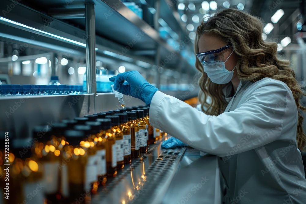A focused scientist analyzing medicinal products in a pharmaceutical industry setting, ensuring safety and efficacy