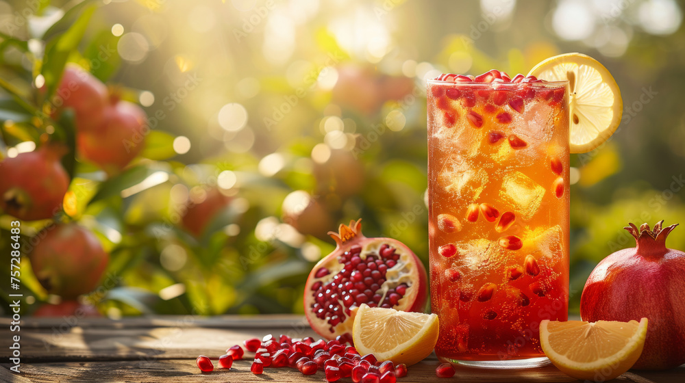A vibrant image capturing a glass of iced pomegranate juice with fresh pomegranate and lemon slices in sunlight