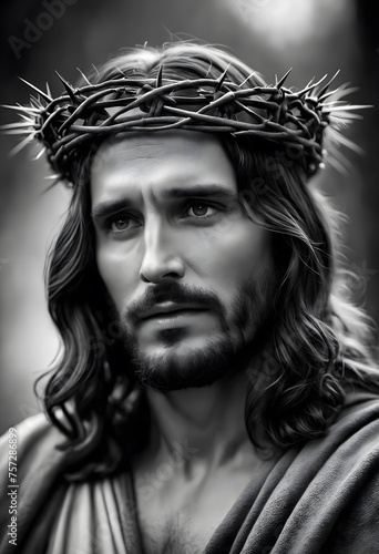 Jesus Christ with a crown of thorns on his head  black and white picture