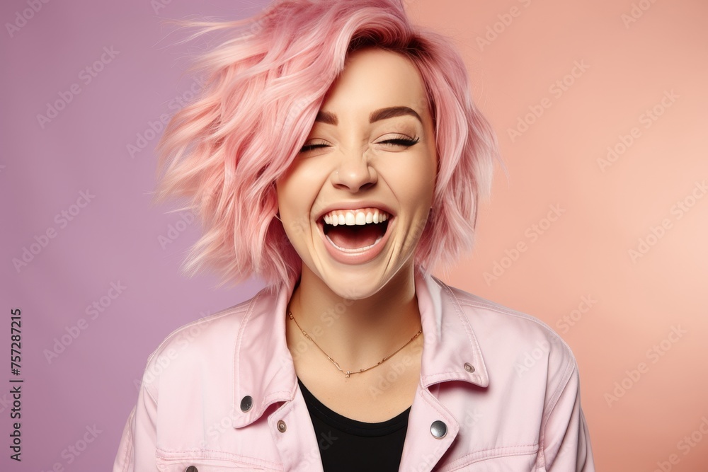 Beautiful young woman with pink hair laughing on bright pink and purple background Beautiful young woman with pink hair laughing on bright pink and purple background