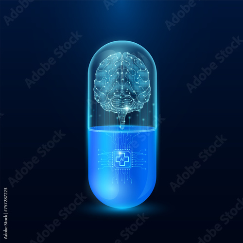 Microchip brain interface in capsule blue luminous. Smart digital pills in health care alternative. Medicine futuristic. Pharmaceutical and scientific medical technology concept. Vector.