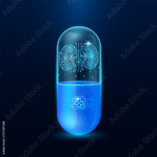 Microchip kidney interface in capsule blue luminous. Smart digital pills in health care alternative. Medicine futuristic. Pharmaceutical and scientific medical technology concept. Vector.