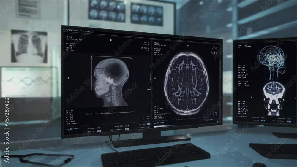 Modern hospital screening equipment used for examination of the human skull. Hospital screening equipment analysing the brain. Hospital screening equipment inspecting the injured patients head. Modern hospital screening equipment used for examination of the human skull. Hospital screening equipment analysing the brain. Hospital screening equipment inspecting the injured patients head.