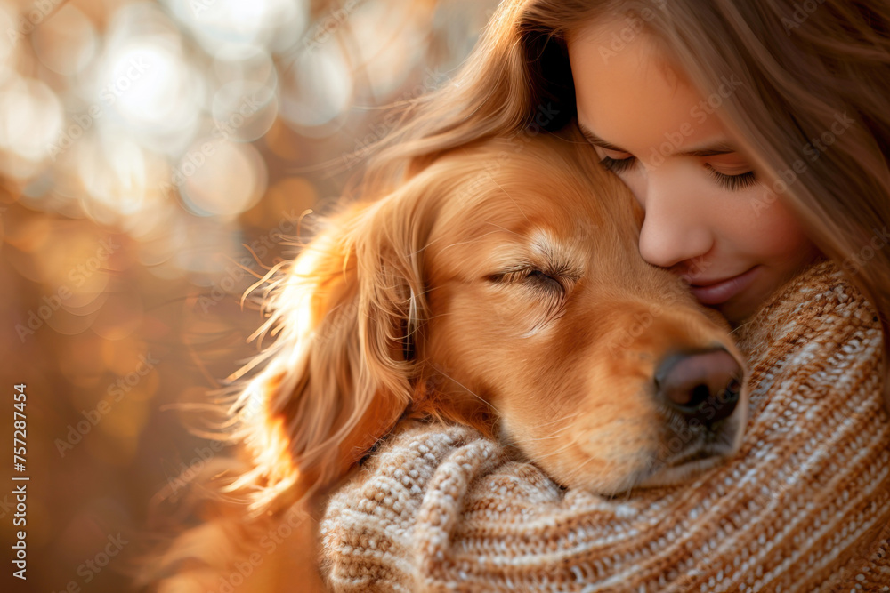 Caucasian girl hugging her Golden Retriever dog. Close up image, outdoors background with copy space Caucasian girl hugging her Golden Retriever dog. Close up image, outdoors background with copy space