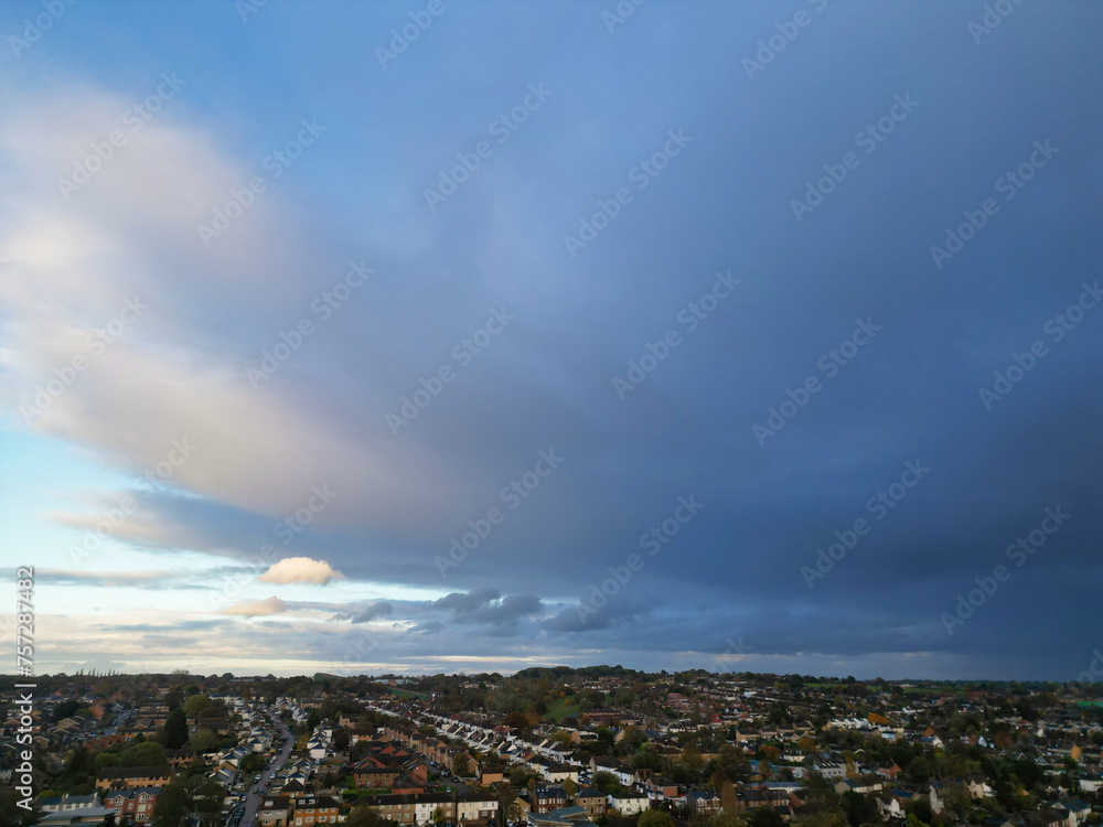 High Angle view of Hemel Hempstead City of England with Dramatical Clouds