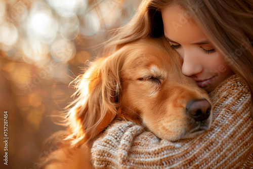 Caucasian girl hugging her Golden Retriever dog. Close up image, outdoors background with copy space