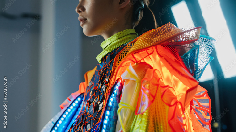 A forward-thinking model showcasing a garment equipped with smart textiles and flexible batteries, reflecting the new era of sustainable fashion A forward-thinking model showcasing a garment equipped with smart textiles and flexible batteries, reflecting the new era of sustainable fashion