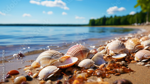  Super detailed photo of summer seashells and water waves outdoors. Free space for your decor. Generative AI © kovalovds