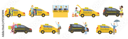 People Character at Taxi Car Use Urban Transport Vector Set