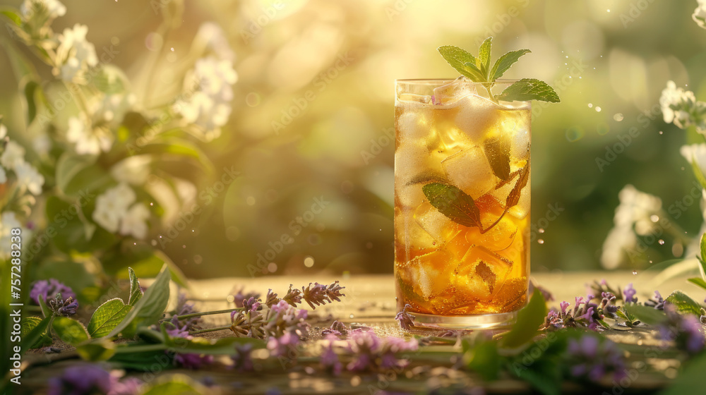 A refreshing glass of iced tea garnished with mint, nestled among vibrant flowers with sunlight filtering through A refreshing glass of iced tea garnished with mint, nestled among vibrant flowers with sunlight filtering through